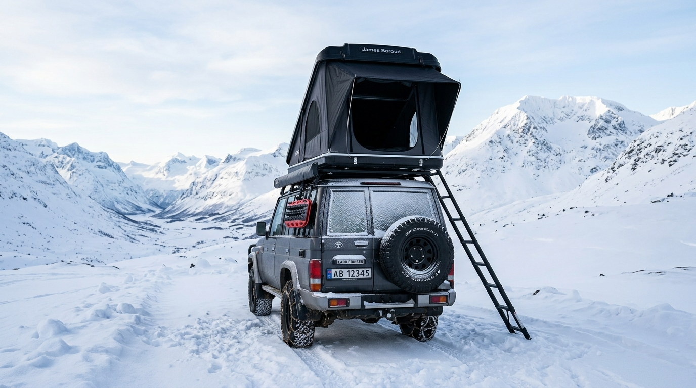 Voiture avec une tente de toit ouverte dans la neige